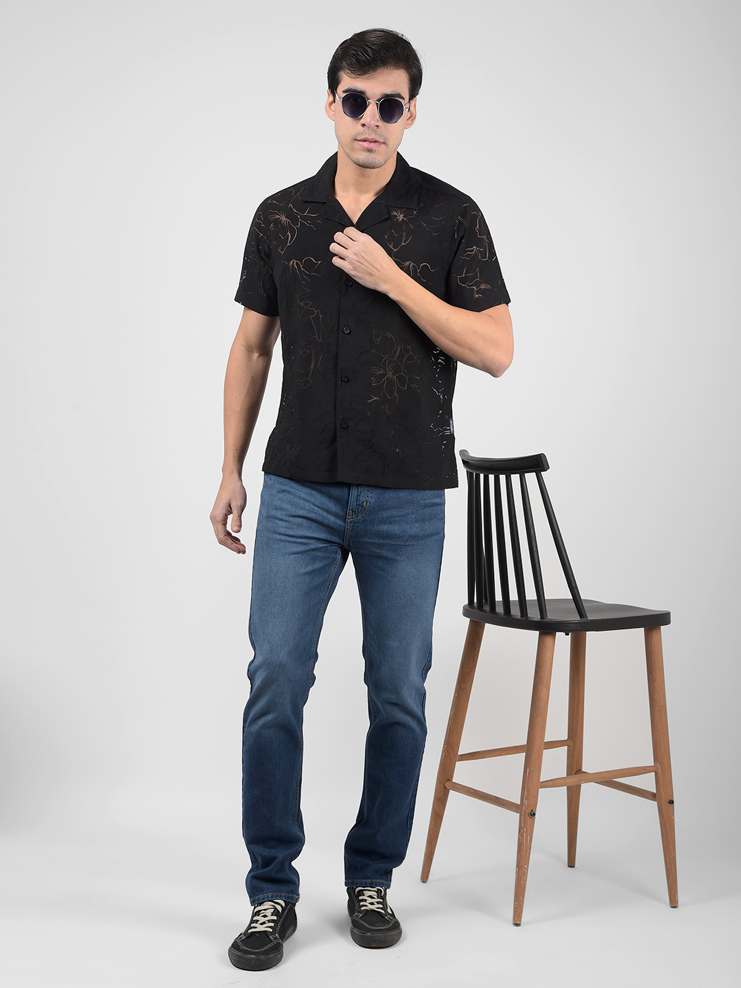 Numero Uno Men Floral Print Black Shirt